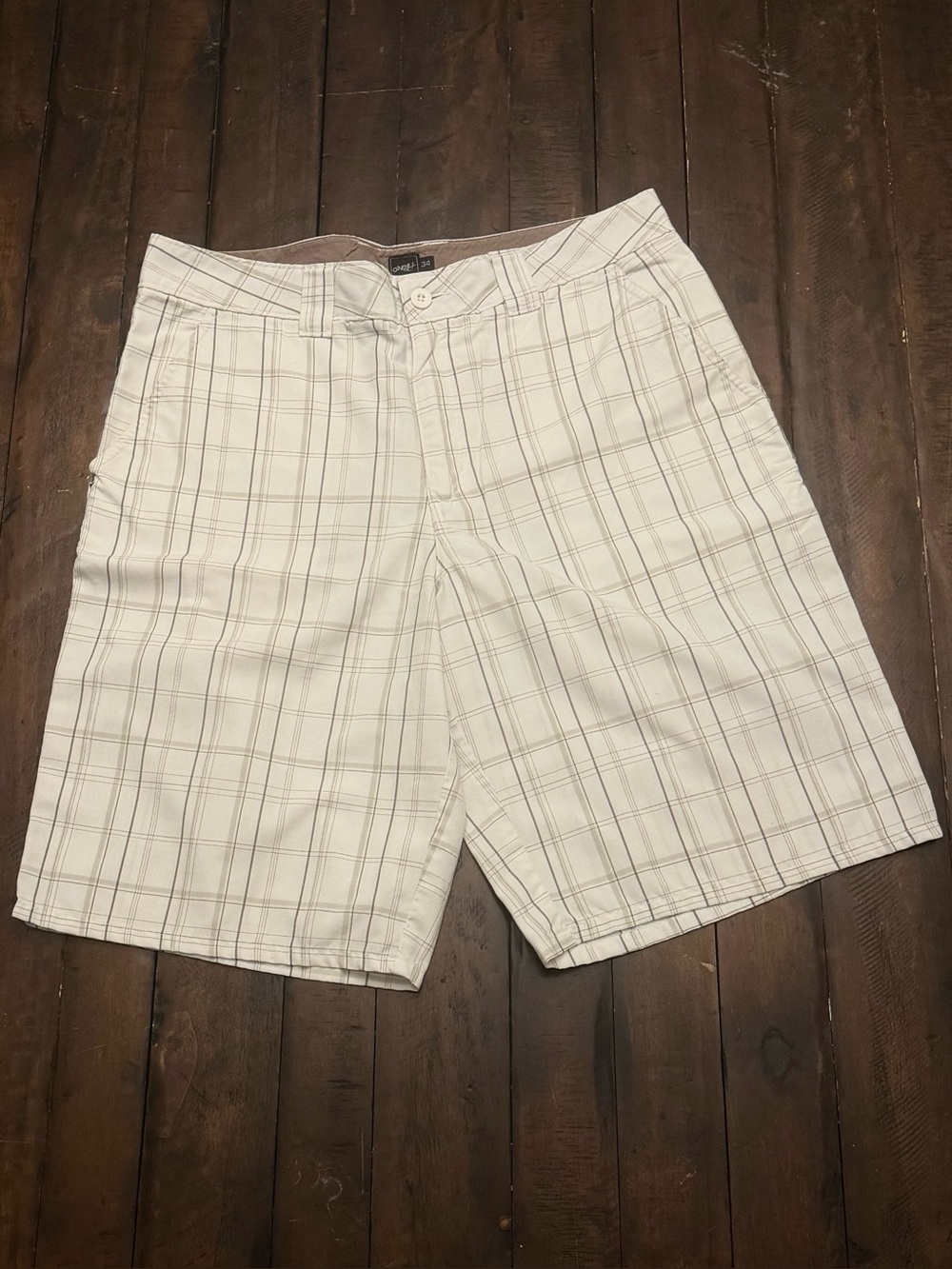 O'Neill Men's Plaid Walk Shorts Size 34 White Gray Taupe Surf Casual